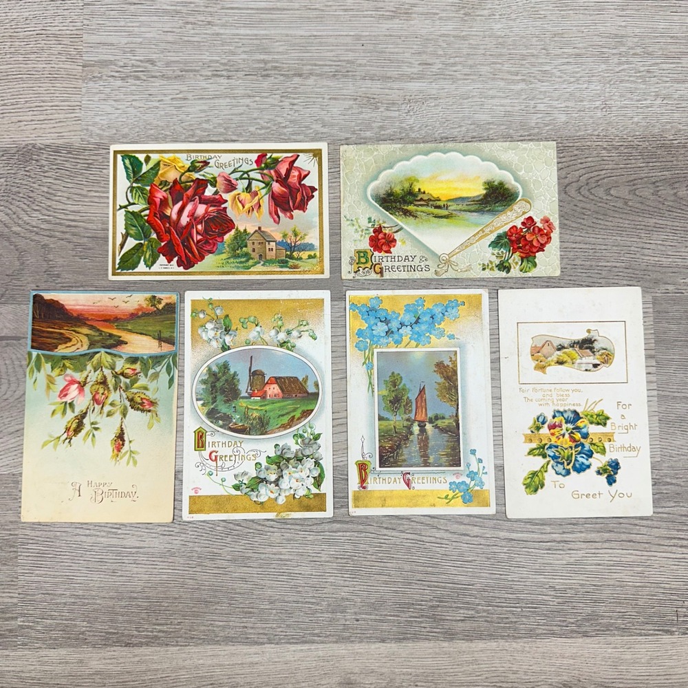 Vintage Postcards Lot 6pc 1910s Multicolor Embossed Birthday Floral Vintage